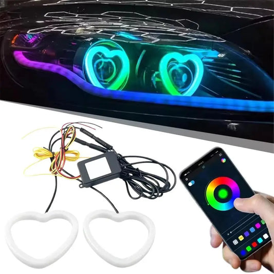 'Amber heart-shaped ARBG LED angel eyes with app control - fits front/rear of 12V vehicles. Adds style with smartphone custom