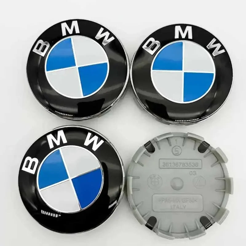 Set of 4 BMW wheel center caps, sizes 56mm and 68mm.

Or, for even more brevity:

BMW wheel center caps (set of 4): 56mm, 68m