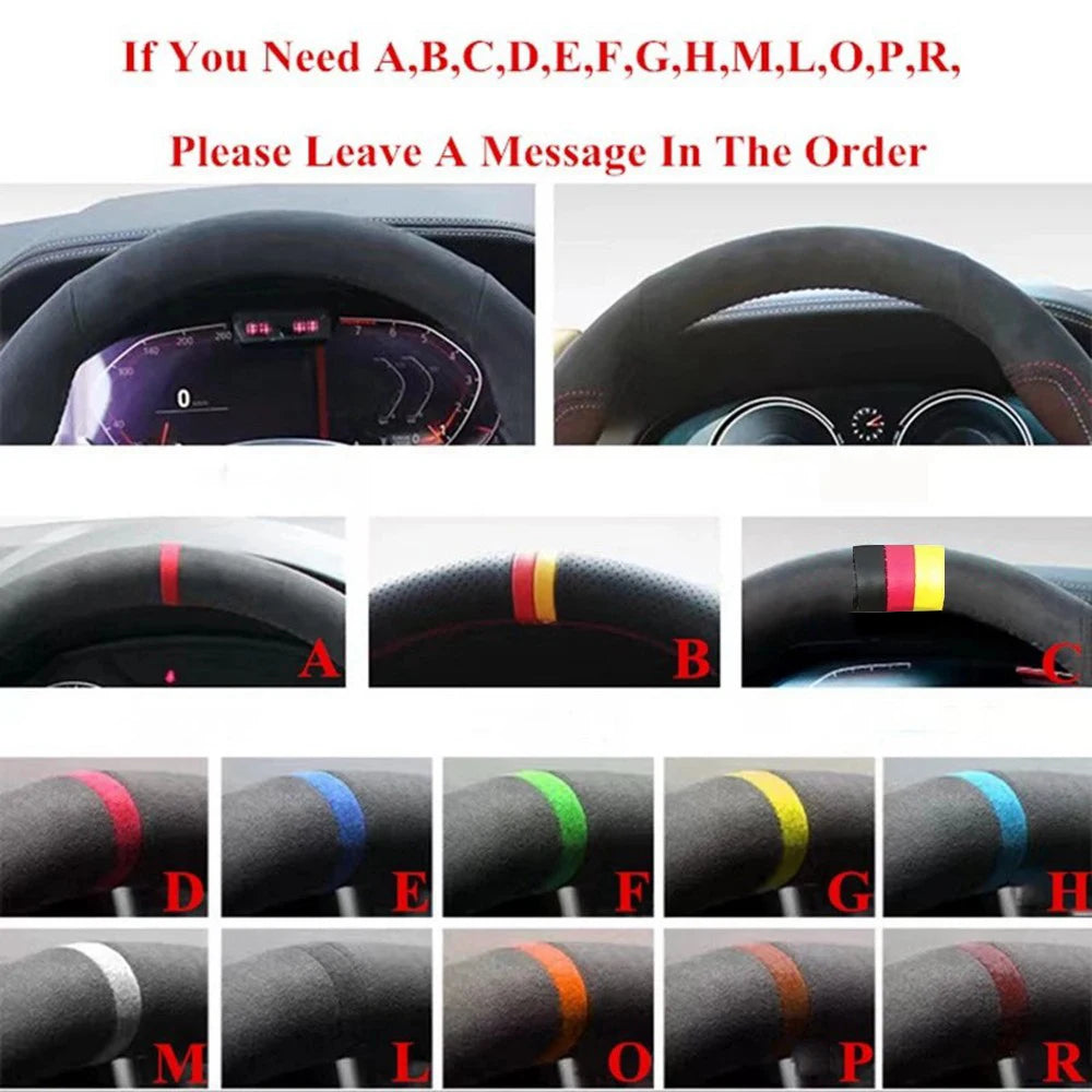 "DIY leather steering wheel cover for BMW E36, E46, E39 models with colorful stripe detail."