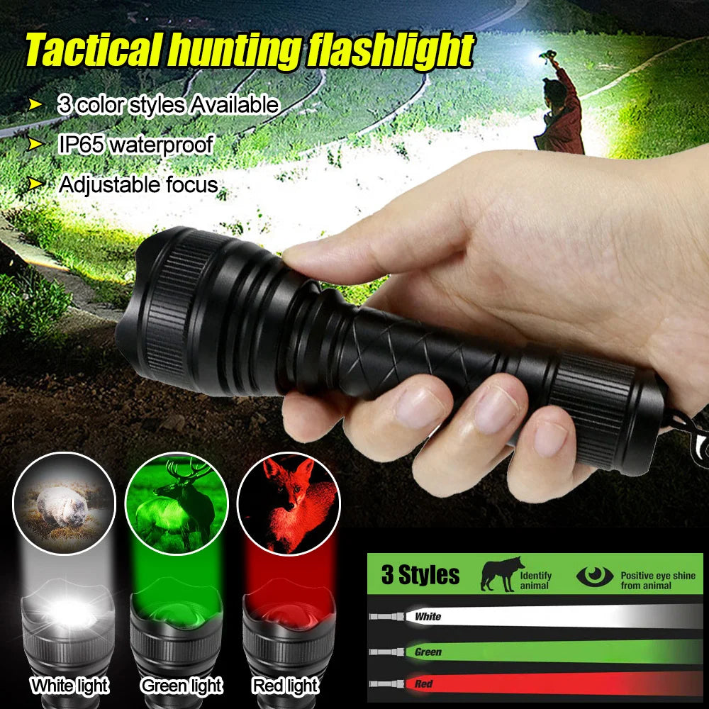 Hand holding USB rechargeable T21 Tactical Hunting Flashlight with green and red lighting.