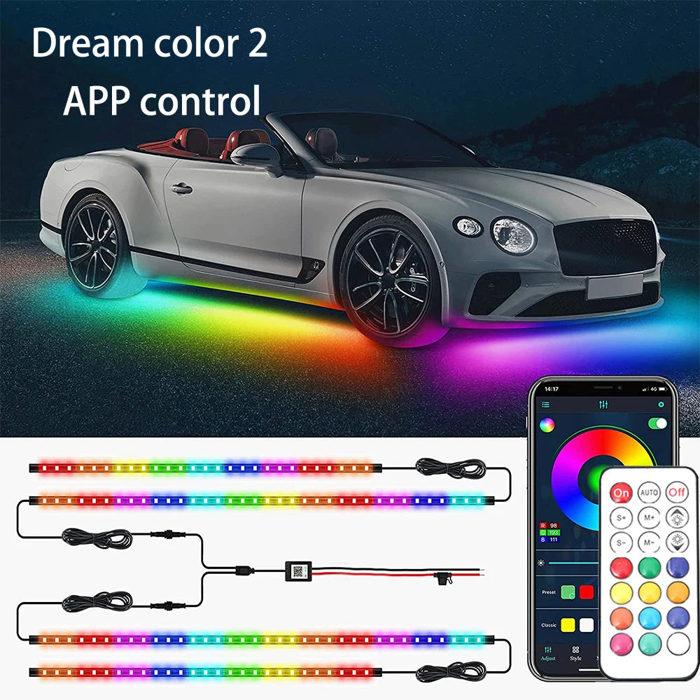 "RGB car underglow LED strip kit (120x150cm), includes app and remote control."
