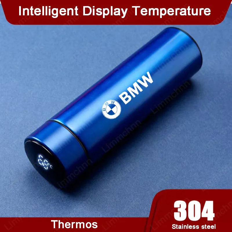 BMW M thermos bottle: Displays temperature in blue LED screen. 500ML stainless steel travel cup.