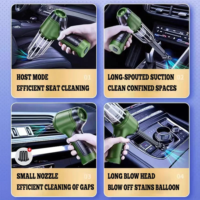 "High-power handheld vacuum with attached nozzle for efficient car interior cleaning."