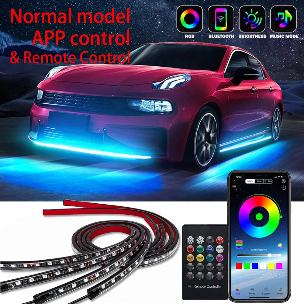 "RGB LED car underglow lights - 120x150cm kit with app and remote control."
