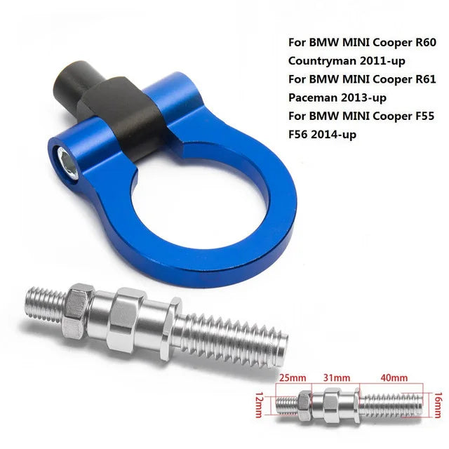 "Universal aluminum towbar for BMW E46, E36, E30, and E90 models. Dimensions: 20mm x 20mm x 20mm (hxwxd), with additional ext