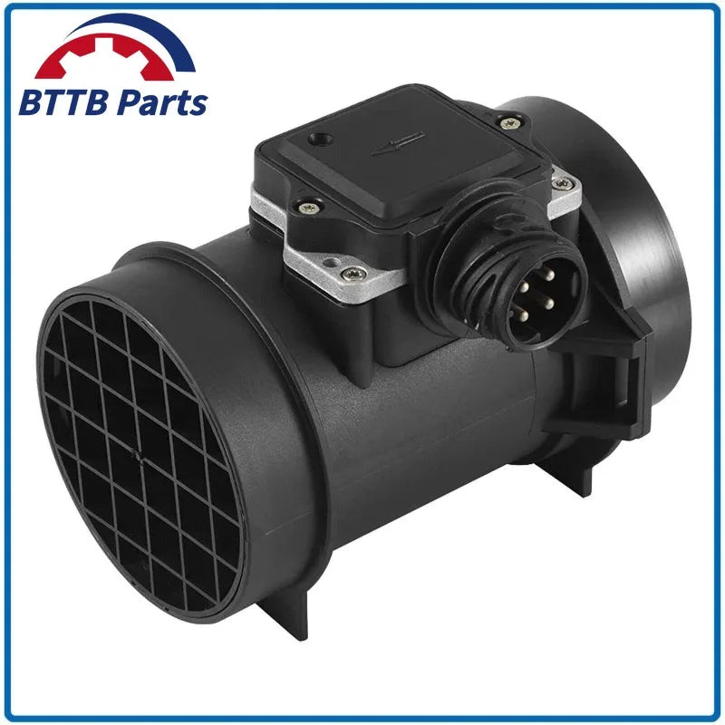 BMW E36 MAF Sensor (5WK9600 / 13621703650): Black plastic component on white background.