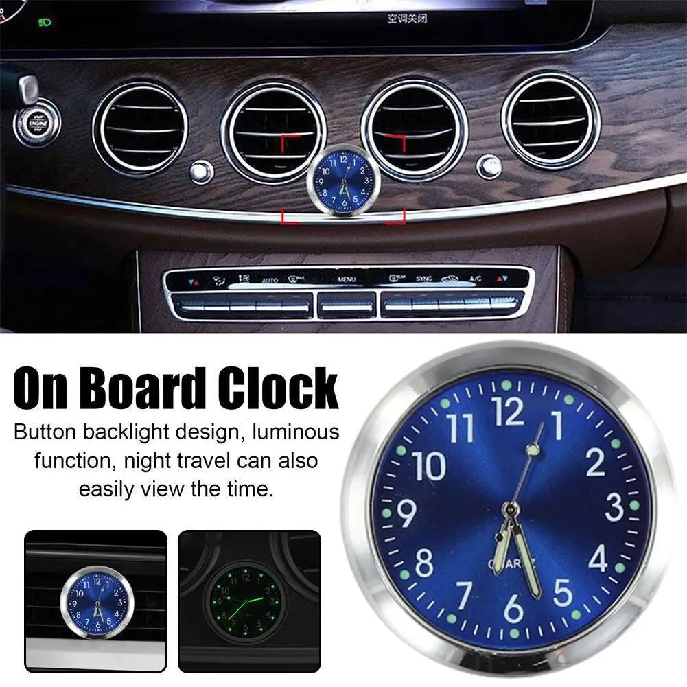 "Mini dashboard clock with blue LED display."