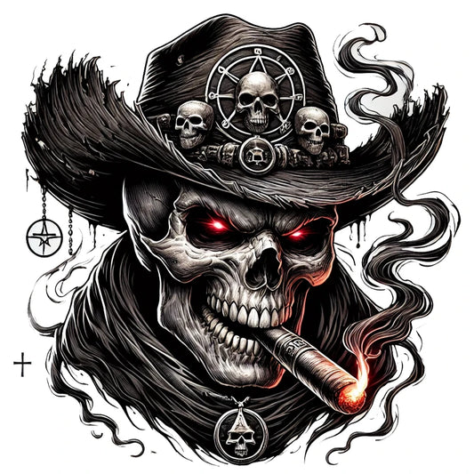 'Car Skull Stickers: Inked tattoo style — hat, pipe, skull. Set of 1/3/5 for personalized car decals.'