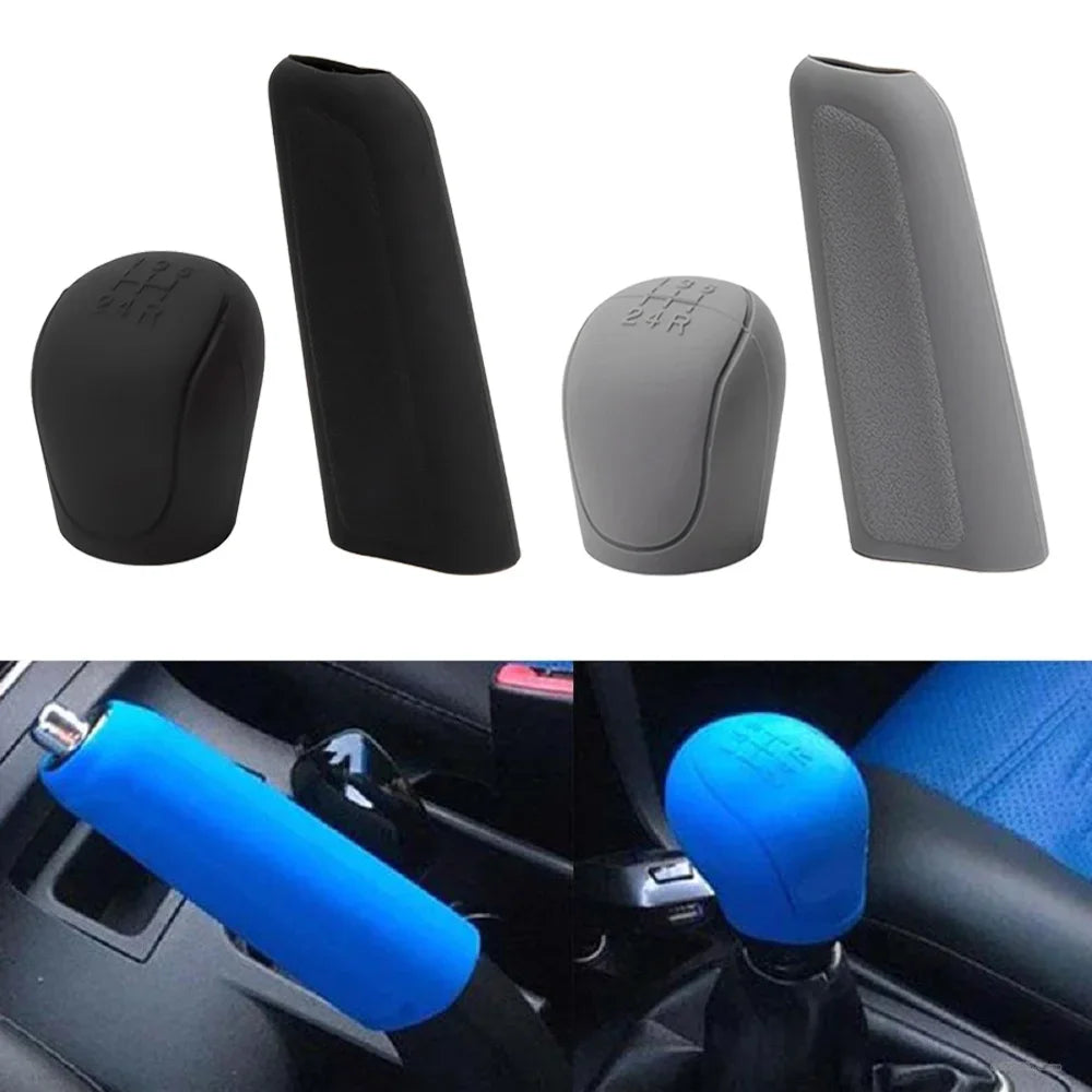 "Universal set of anti-slip silicone gear and handbrake covers in blue."
