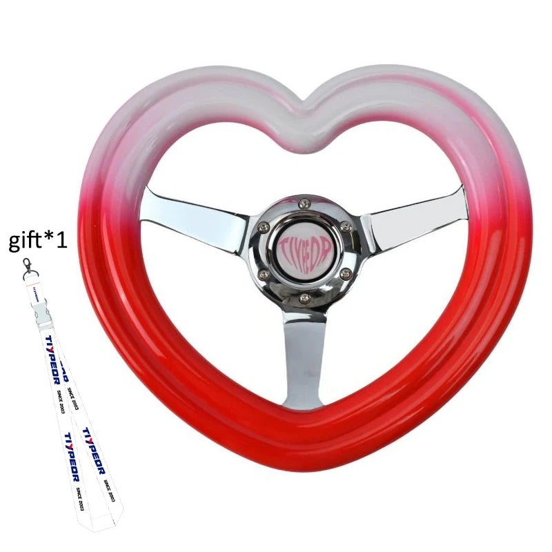 "320mm pink heart-shaped deep dish steering wheel with contrasting red and white accents."