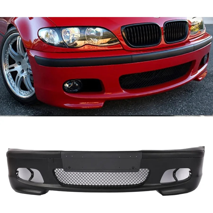 BMW E46 front bumper with chrome grille insert – fits 1999-2006 3 Series (323i, 325i, 328i, 330i). OEM fitment. Mtech II styl