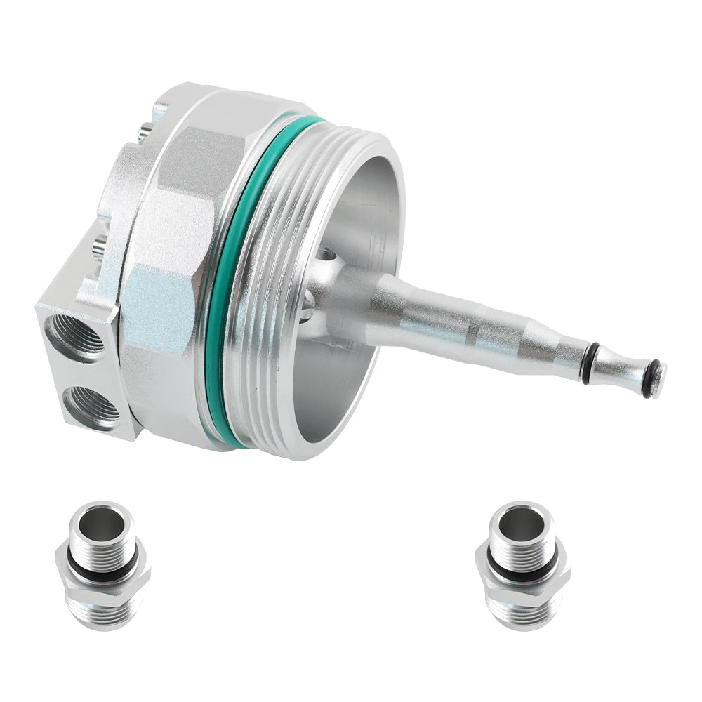 Stainless steel Oil Filter Cap with Cooler Ports for BMW (E46, E36, Z4, E39), featuring green rubber fittings.