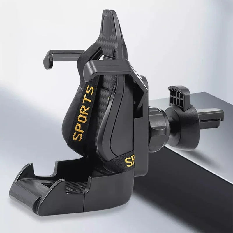 Racing car phone holder with suction cup mount. Compatible with iPhones and Samsungs, among other devices.