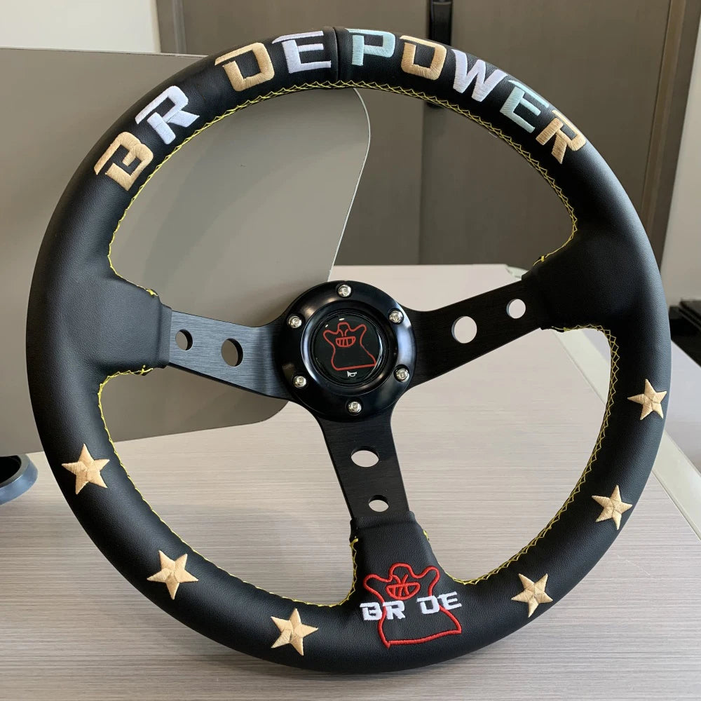 JDM black microfiber leather steering wheel with star embroidery, 330mm deep-dish style. Fits OEM Nissan/Infinity/Infotainmen