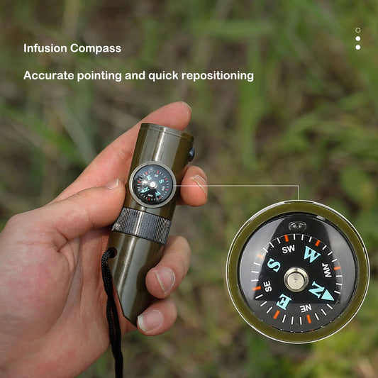 'Person with survival whistle and compass. Multi-tool for outdoors: signaling, navigation.'