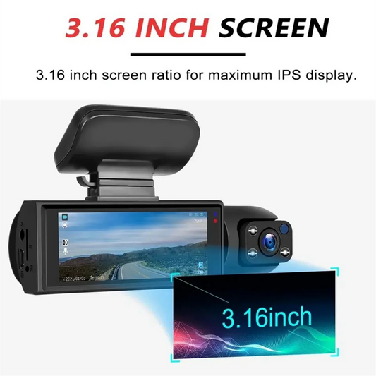 'Dual-lens car DVR with 3" LCD, Wi-Fi, and night vision. 3MP resolution. Model reference for product identification.'