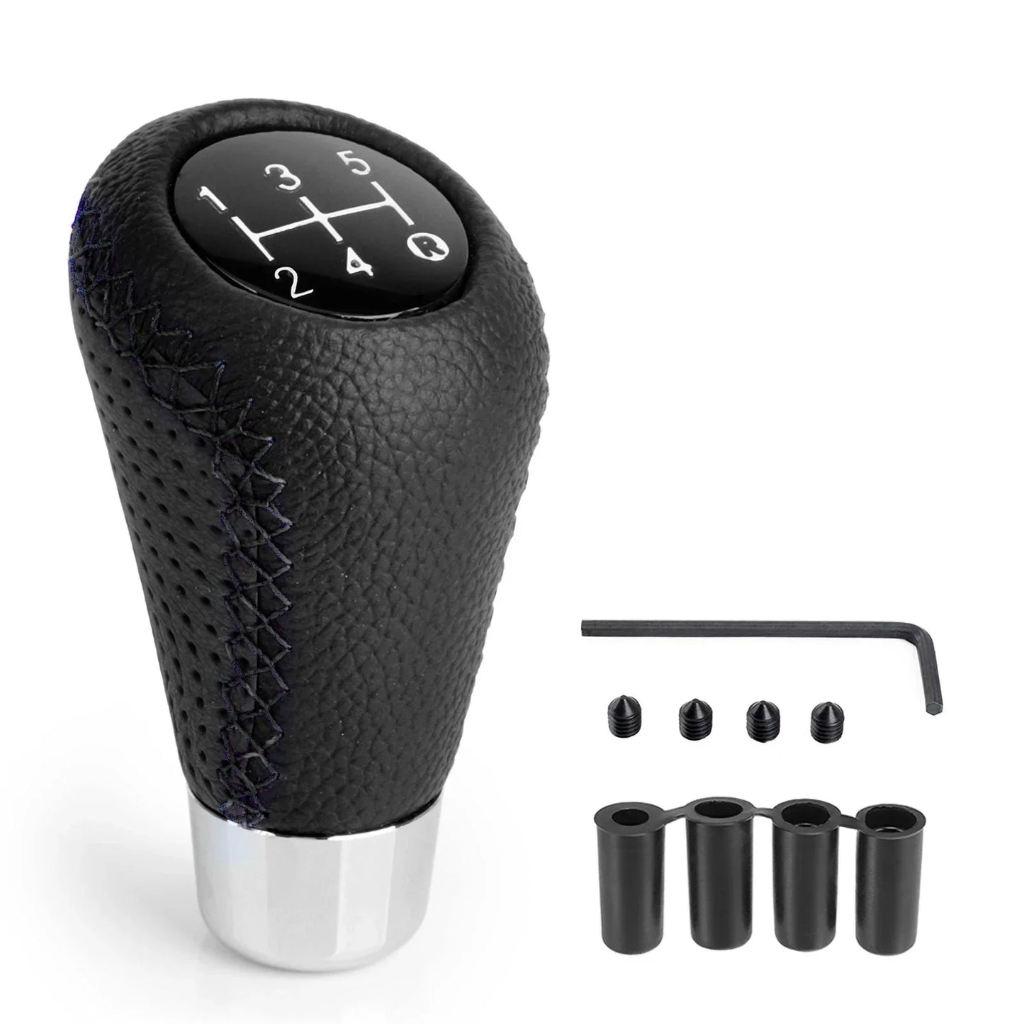 Black leather gear knob with contrasting white inlay. Fits 5-speed manual transmissions. Car interior upgrade. Measurements: 