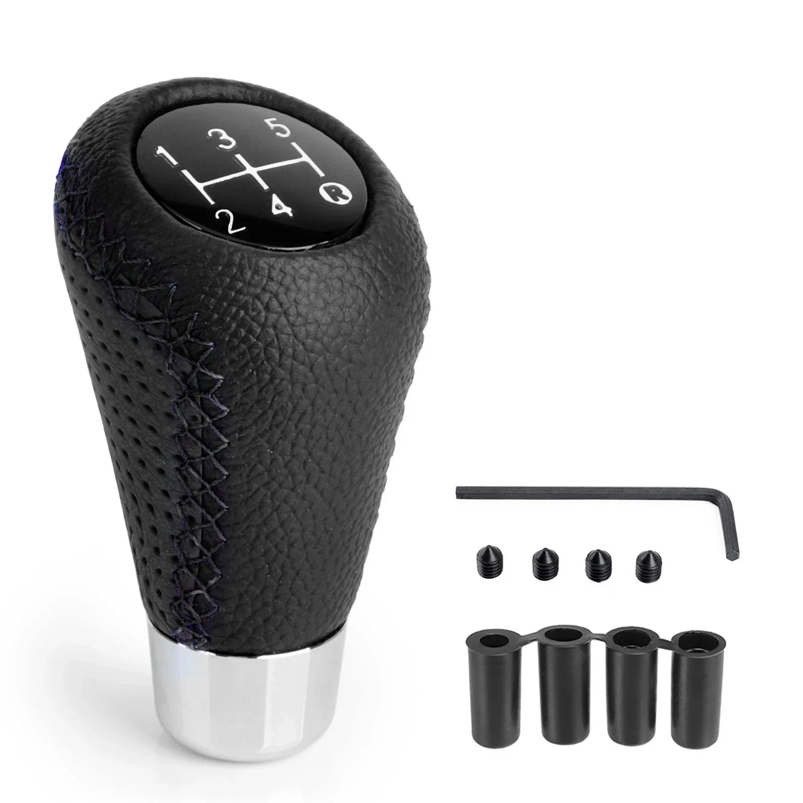 Black leather gear knob with contrasting white inlay. Fits 5-speed manual transmissions. Car interior upgrade. Measurements: 