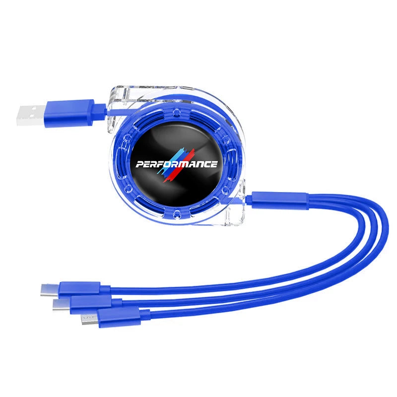 3-in-1 USB-C charging cable in blue for BMW and universal use.