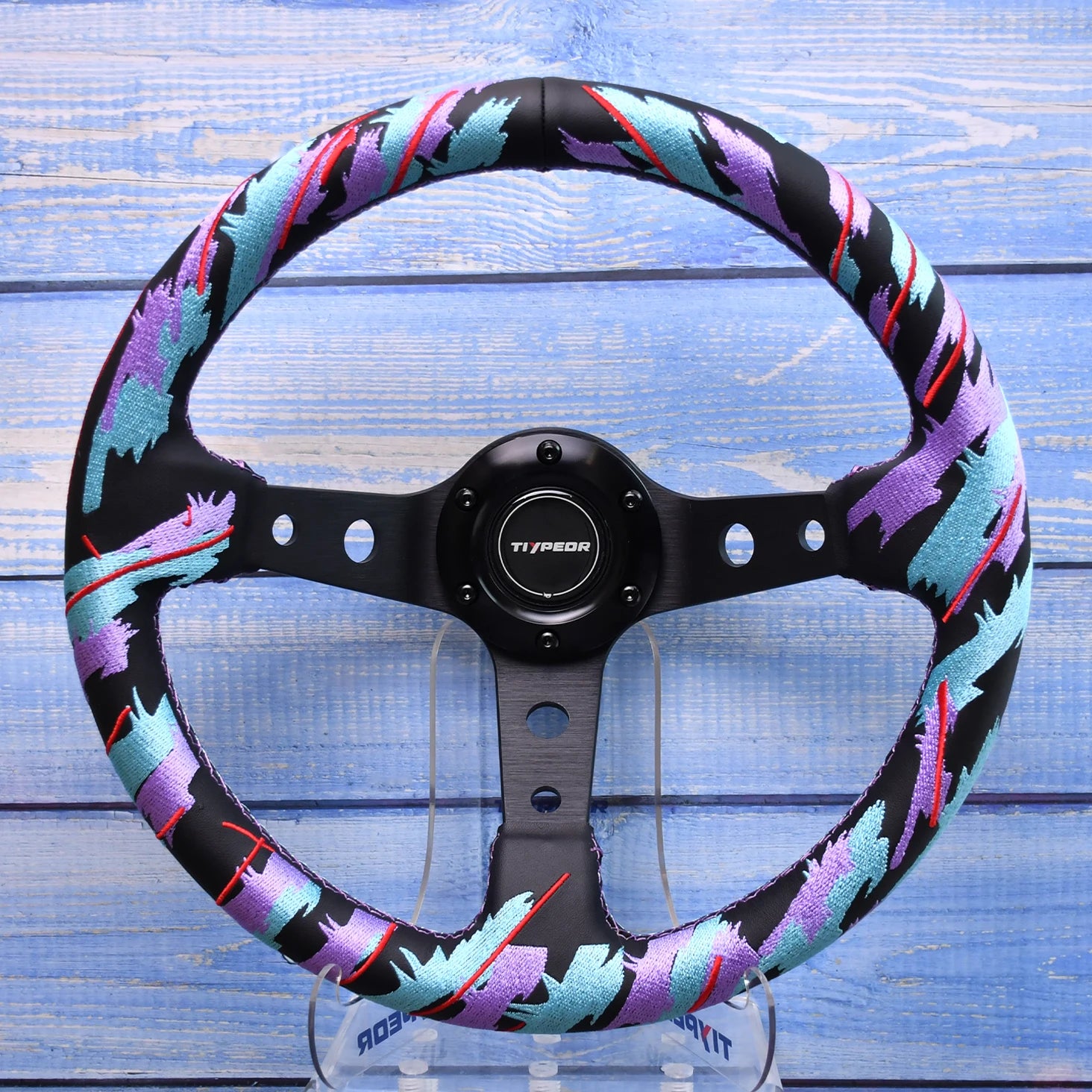 Universal 320mm HK JDM Drift steering wheel with vibrant patterned cover.