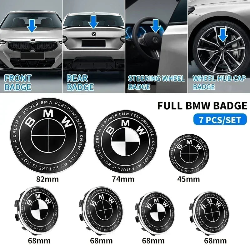 Set of 7 BMW emblem badges in various sizes (45mm to 82mm) for custom car decoration.
