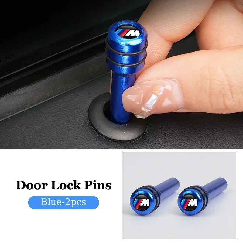 "Blue car door lock with multiple push buttons"

or

"Car door lock featuring several push buttons in a blue hue"