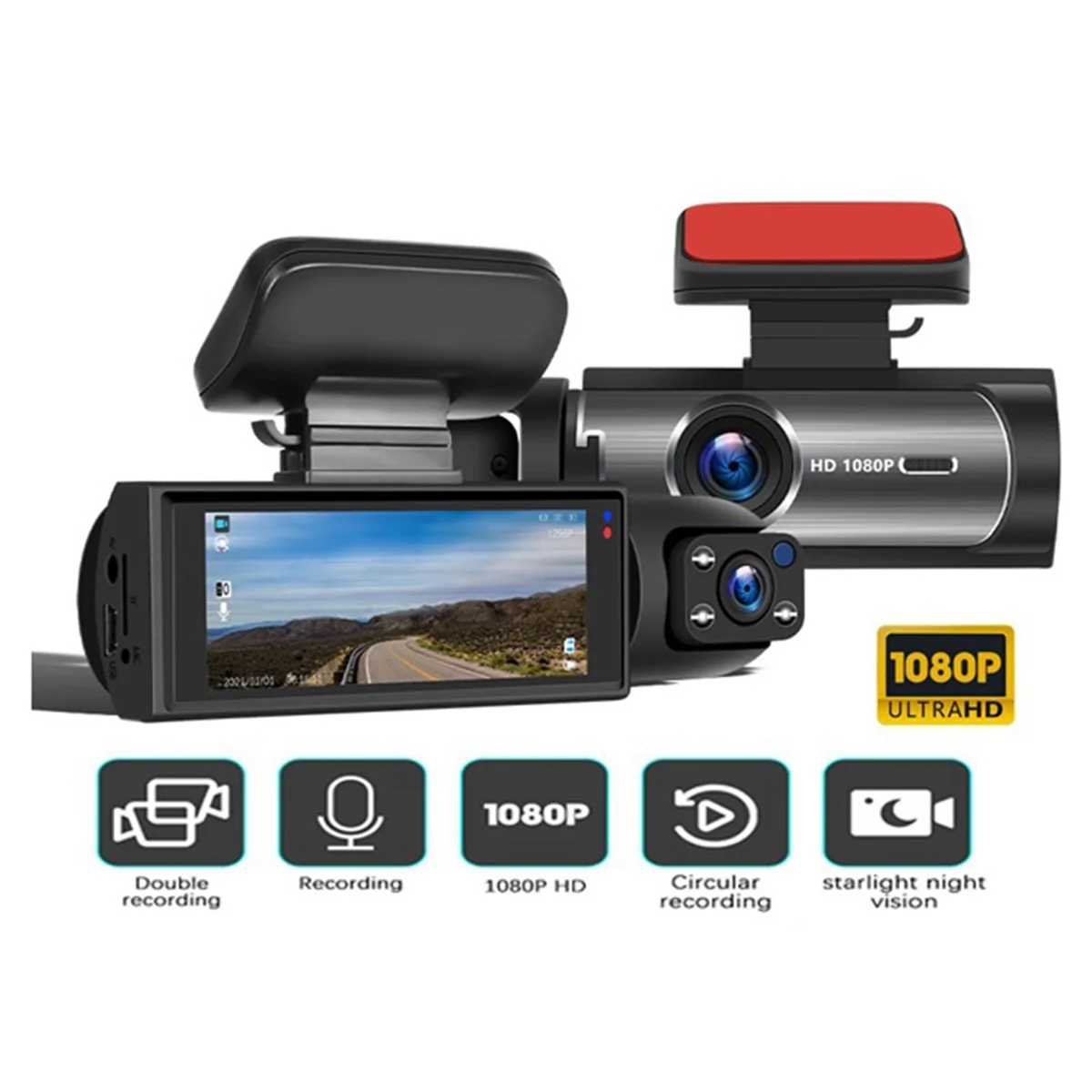 '3MP dual-lens car recorder with Wi-Fi. Front and interior recording. IR night vision. Sleek, discreet design.'