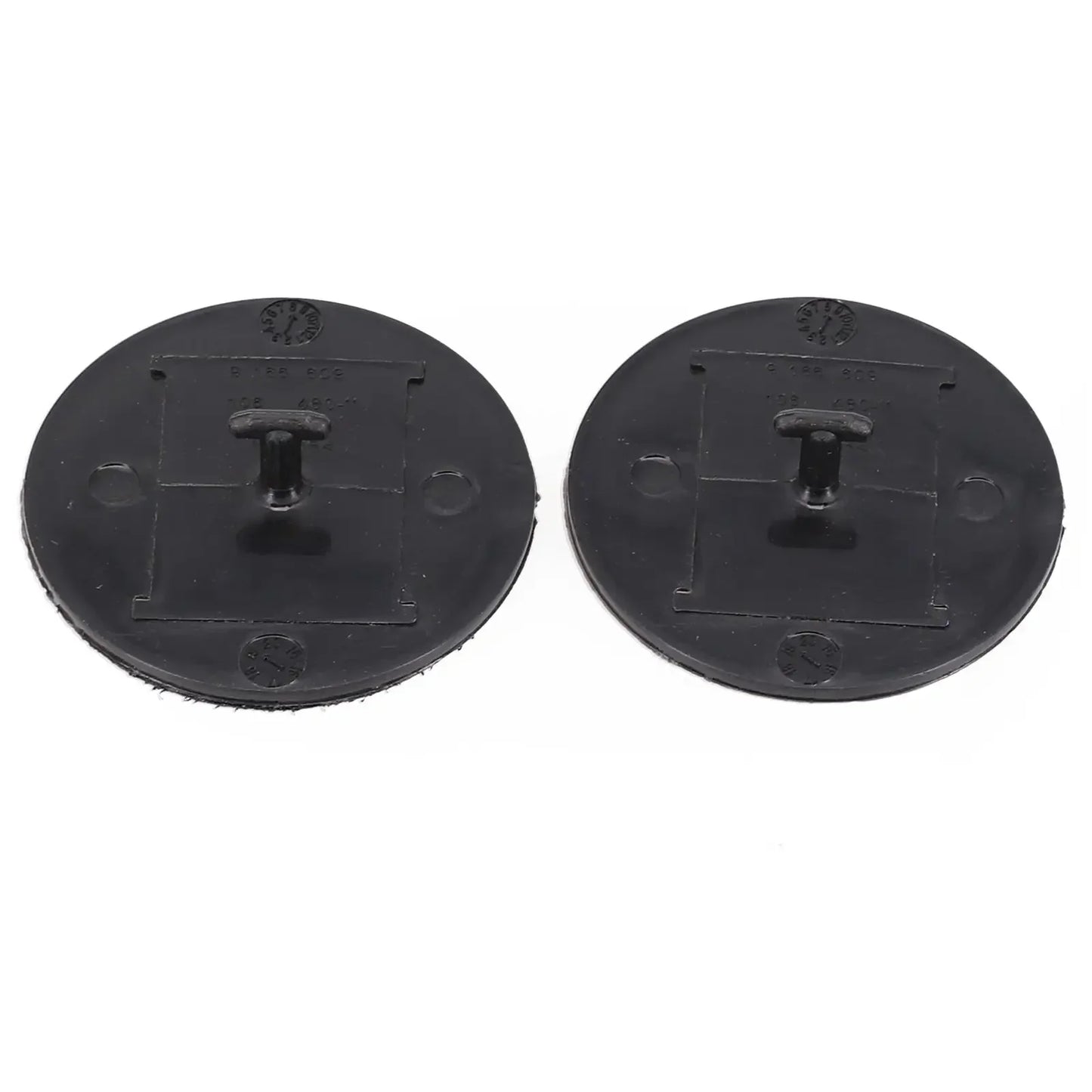 Two black round wheel hub clips for BMW/MINI models. Securely attach floor mats with these wheel hub clips.