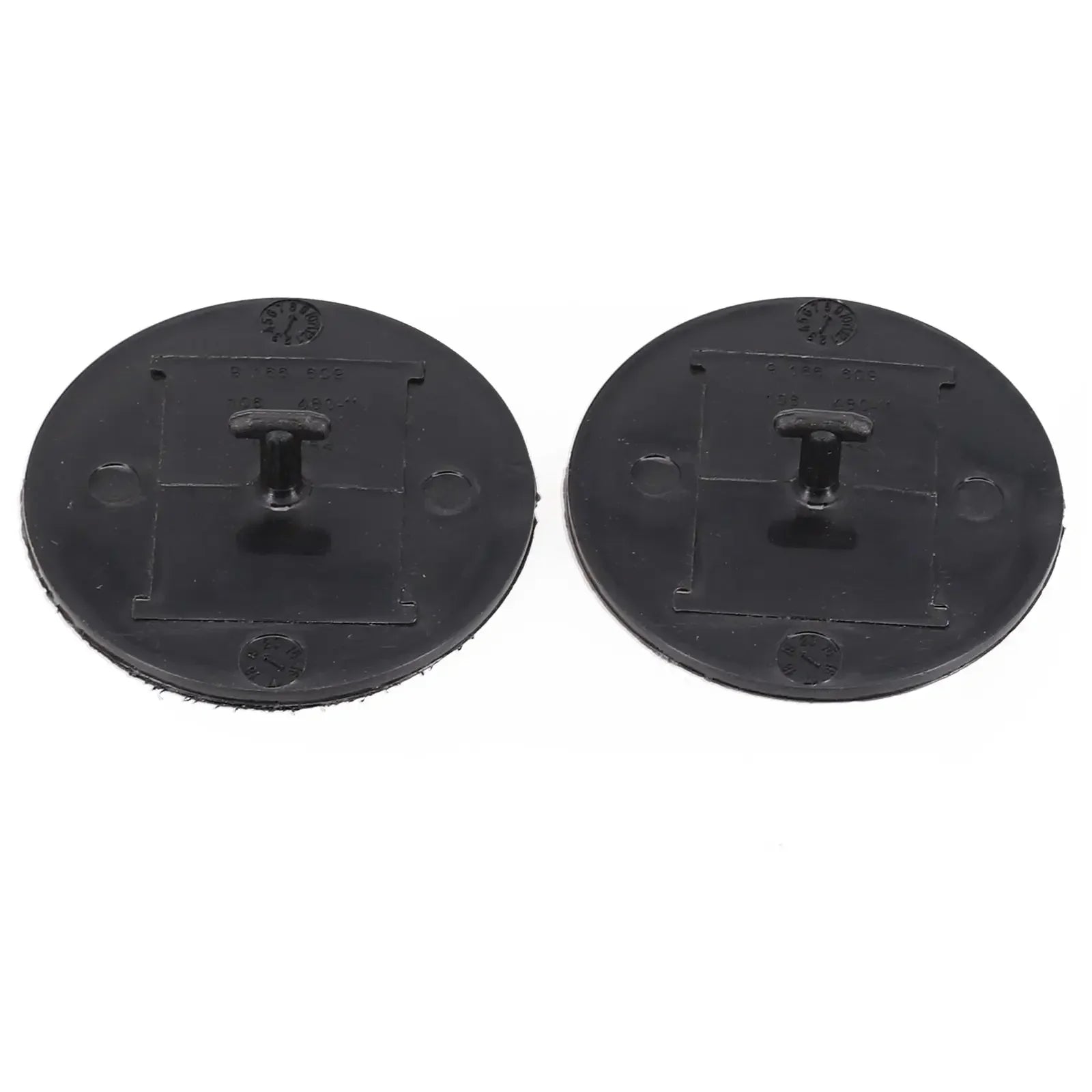 Two black round wheel hub clips for BMW/MINI models. Securely attach floor mats with these wheel hub clips.
