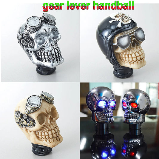 'Universal gear knob with 3 LED skull designs - fits various models. Skeletal, sleek, and lit.'