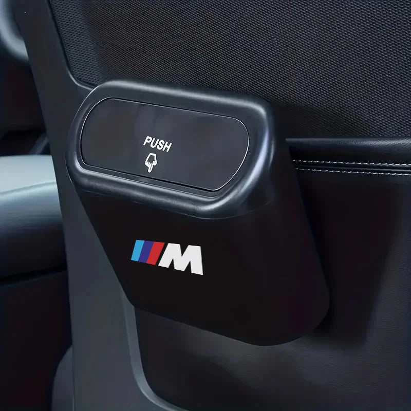Mini BMW-branded trash can with lid for select models (E36, E46, E90, X5): Hangs in air vent.