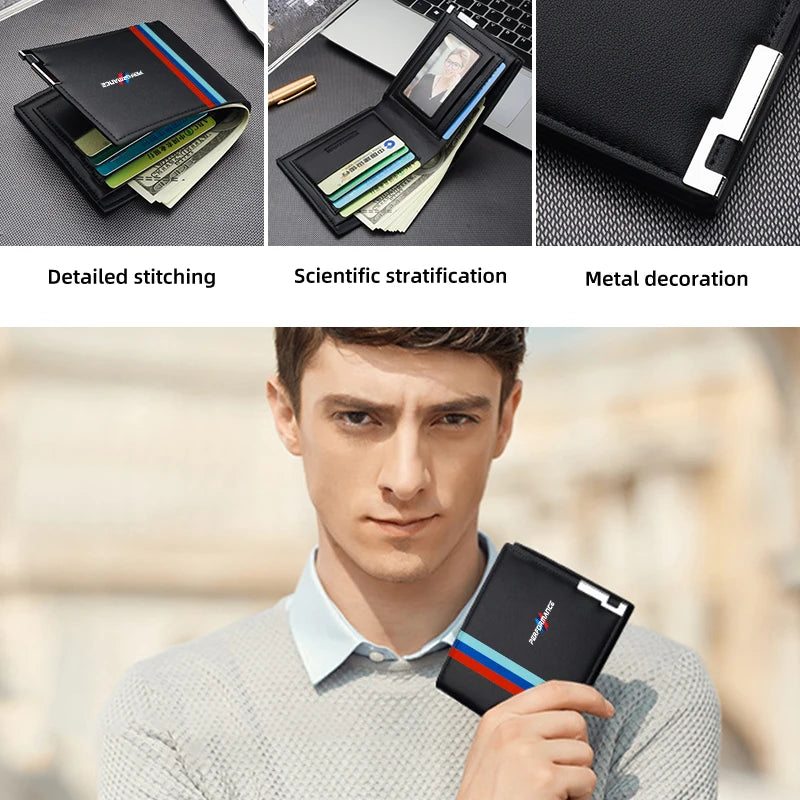 "Man holding BMW leather wallet and credit card holder."

Or, for even more brevity:

"BMW leather wallet and credit card hol