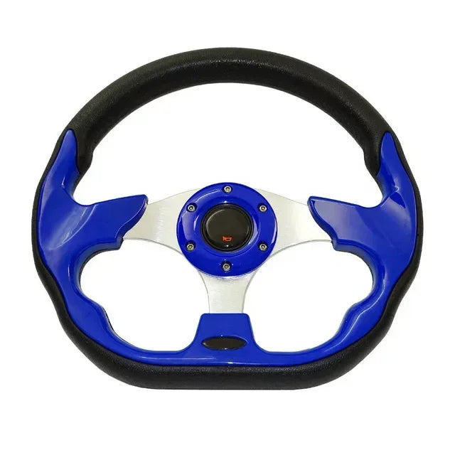 Universal 13-inch racing wheel: Blue rim with white spokes.

Or for even more brevity:

Universal 13" racing wheel: Blue rim,