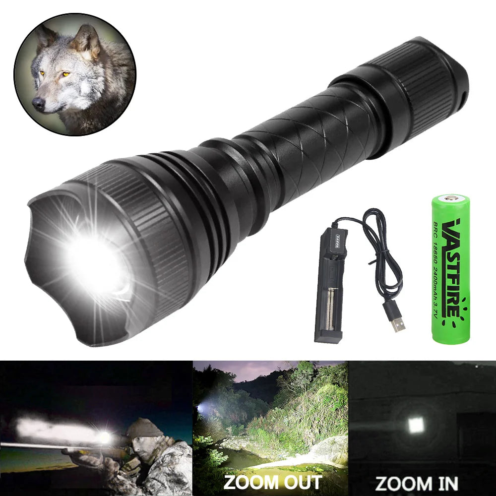 USB Rechargeable Tactical Flashlight - Green and Red LEDs. No cats depicted. (Model: T21)