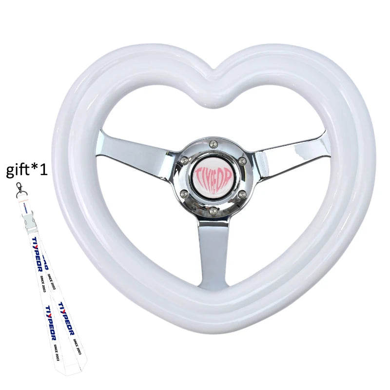 "White deep-dish steering wheel with a pink heart-shaped center"

or

"Deep-dish steering wheel featuring a heart-shaped cent