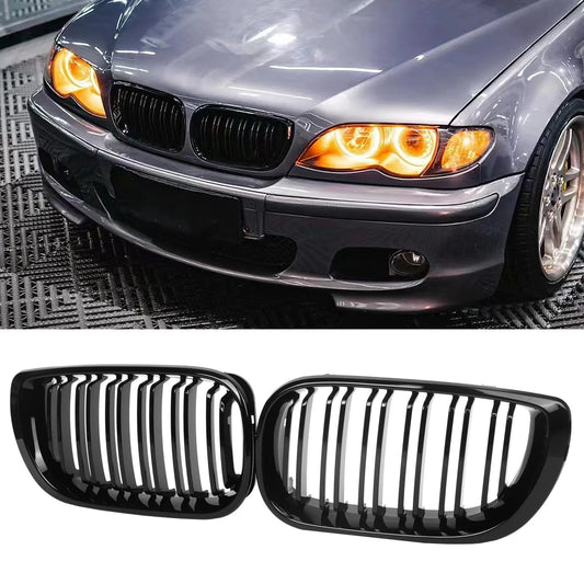BMW E46 Front Kidney Grille for 3 Series (2002-2005), fits 4-door. OEM-style replacement in gloss black or chrome. Fits perfe