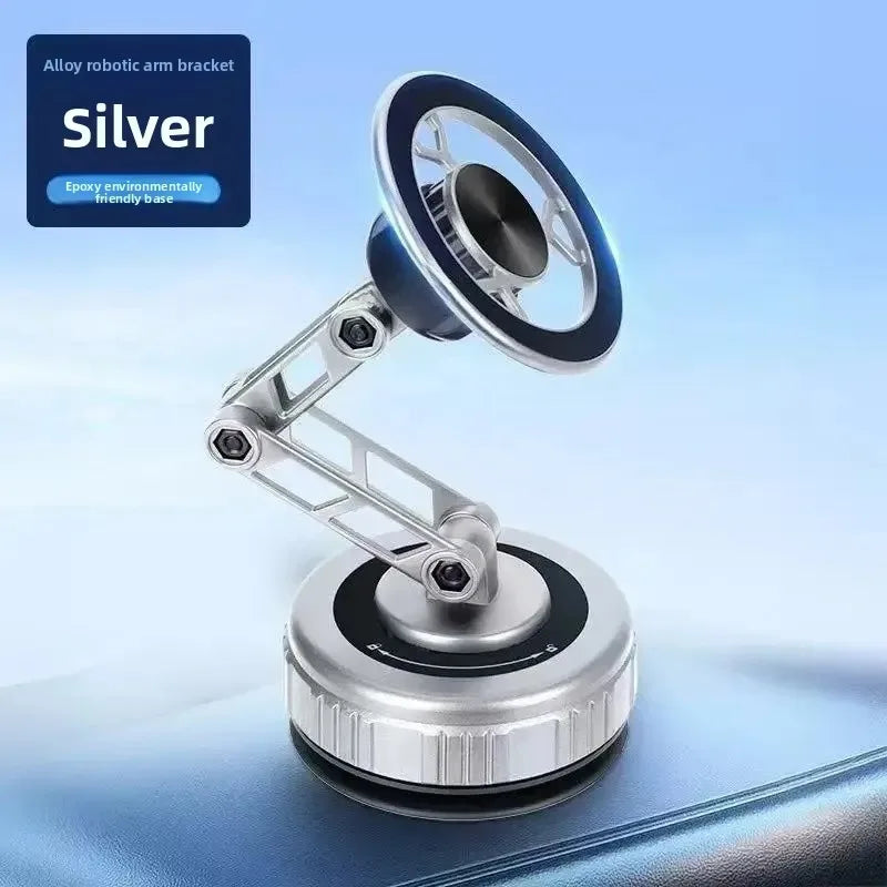 Car dashboard scene with Bluetooth device and folded phone stand. Compatible with 360-degree rotation and three-axis adjustme