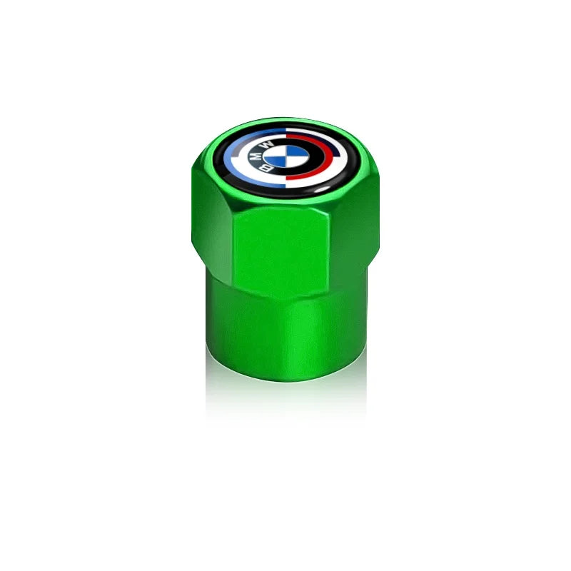 BMW branded set of 4 tire valve stem caps in green.

Or, for even more brevity:

Set of 4 green BMW tire valve caps.
