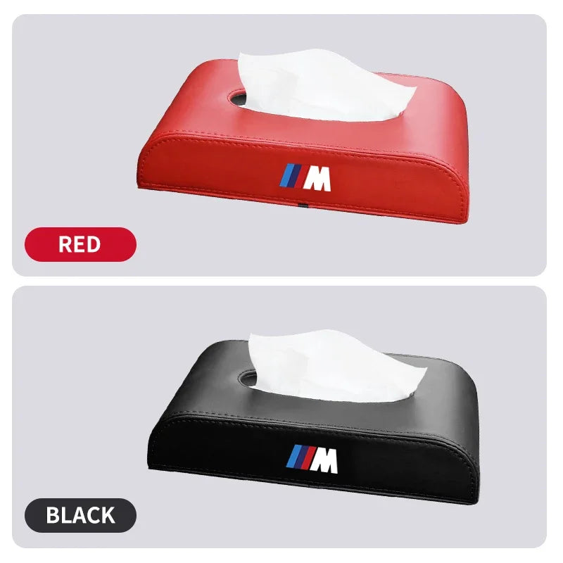 "BMW car tissue box holder for models E36, E39, E46, E90. Leather texture."