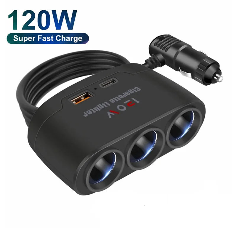 'USB-C splitter: 120W 3-port charging for car or truck (12/24V), compatible with laptops and phones.'