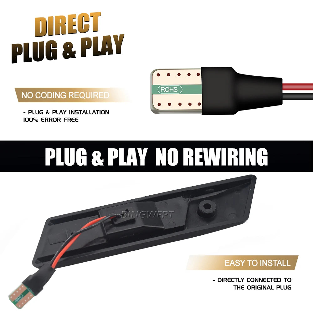 Dynamic LED Side Markers for BMW E32/E34/E36 (1990–1996) with wiring and green-labeled plug. Direct plug & play, no coding needed, error free. Easy install—connect to original socket.