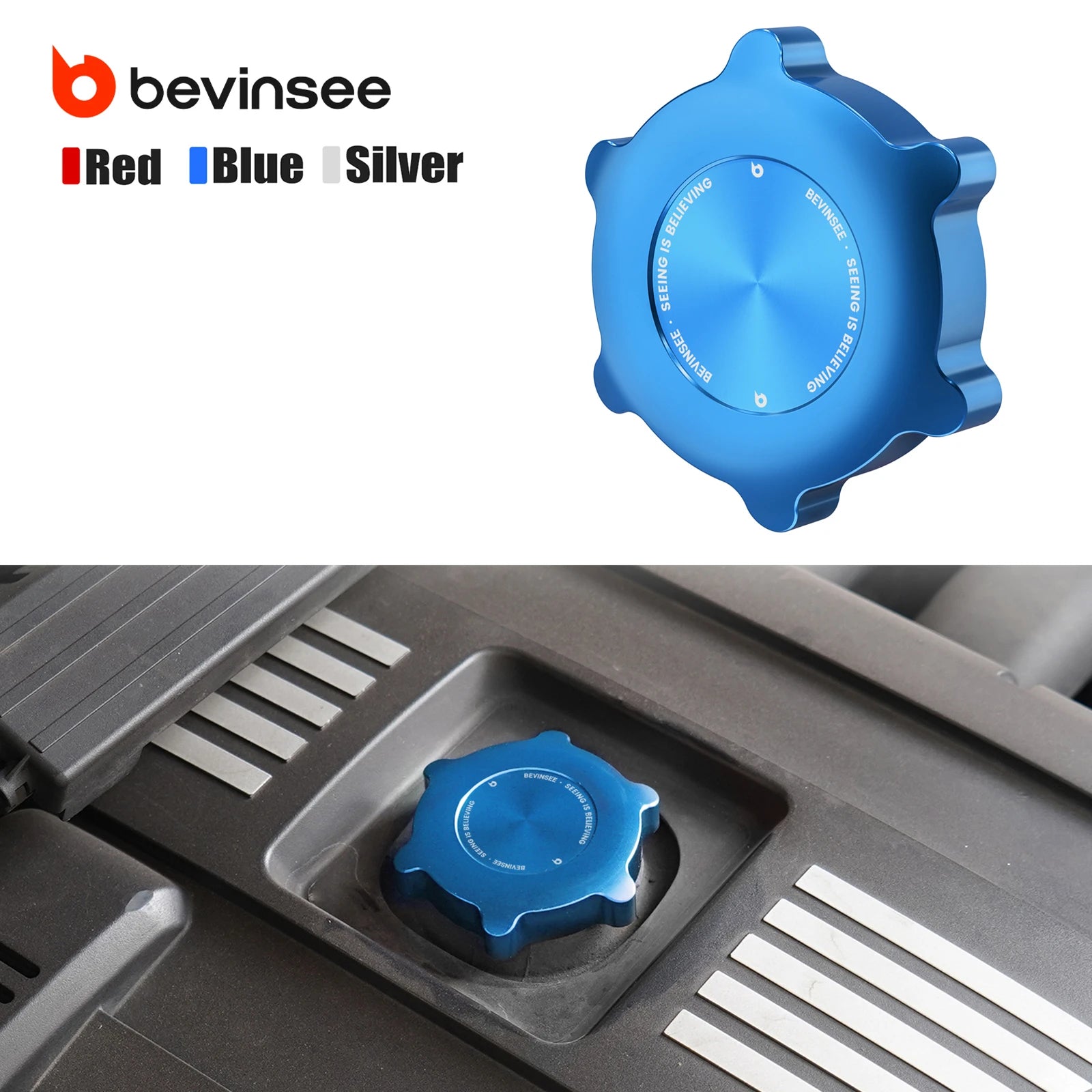 Aluminum oil filler cap for BMW E46, E36, E39 X5 with blue handle.