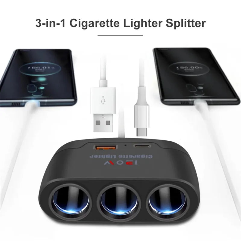 'USB-C car adapter with 3 x USB ports, compatible with 120W devices. 12V/24V universal fit.'