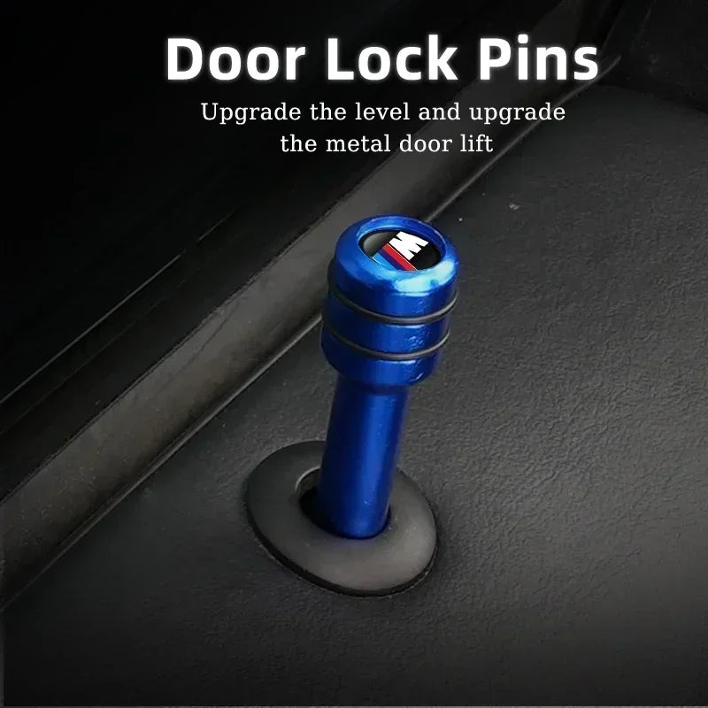 Set of 2-4 BMW Door Lock Knob Pins in blue for models E36, E46, and E90. Fits doorknob with "DOOR LOCK" label.