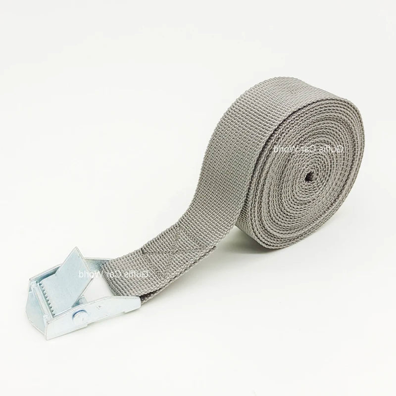 Silver cargo strap with metal buckle on white background. (Heavy-duty for car, motorcycle, bike, luggage, and hauling use.)