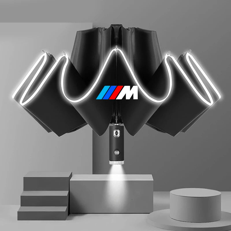 "BMW logo next to an LED-illuminated car sunshade umbrella for models E36, E39, and E46."