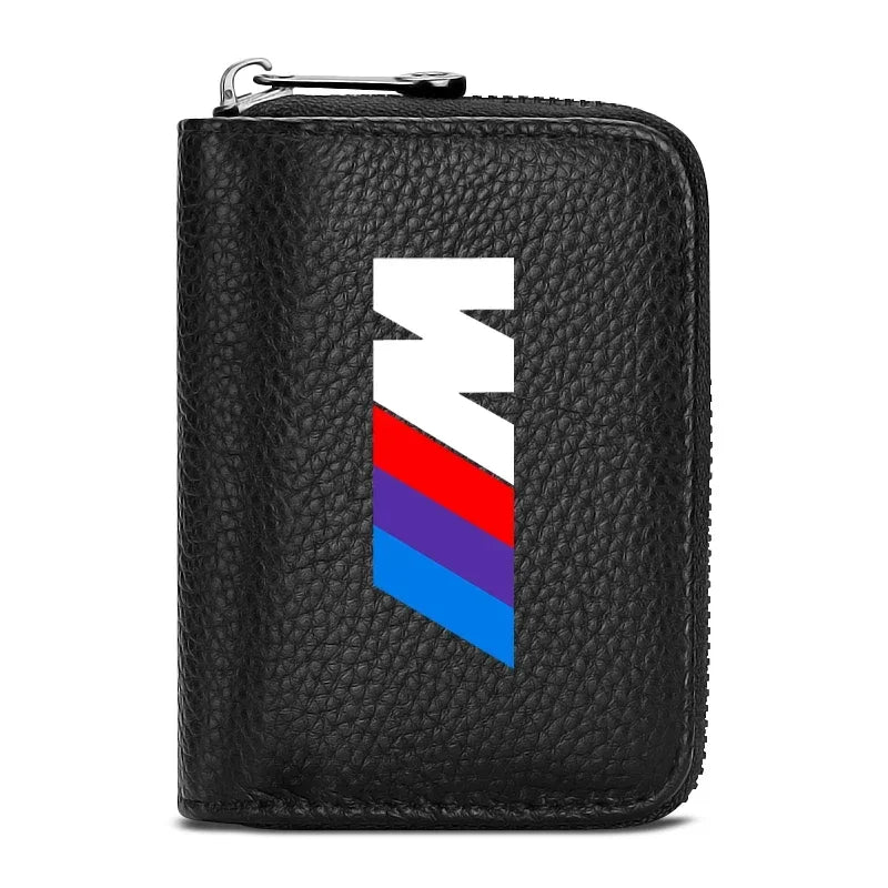"Black leather BMW license and card wallet with logo."