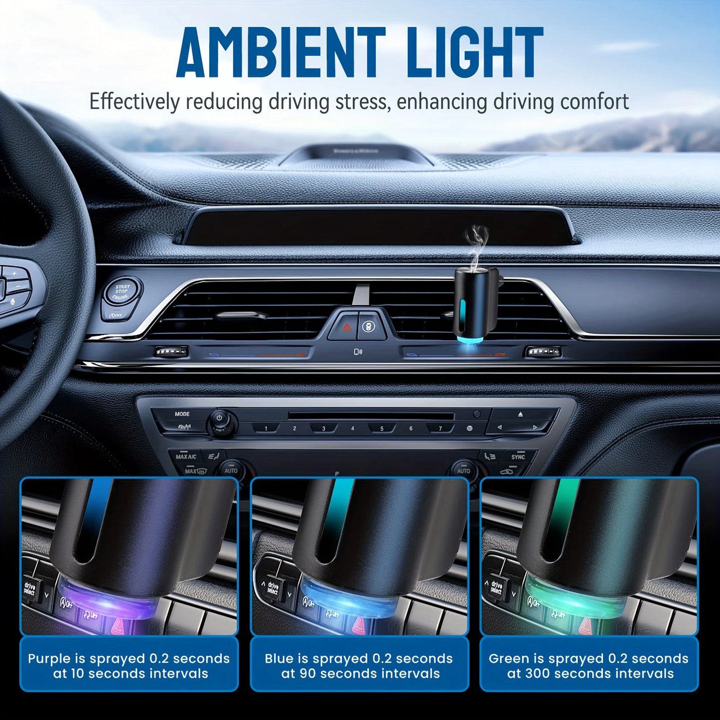 'Car air freshener with electric aroma diffuser. Fits vent. Essential oil compatible.'