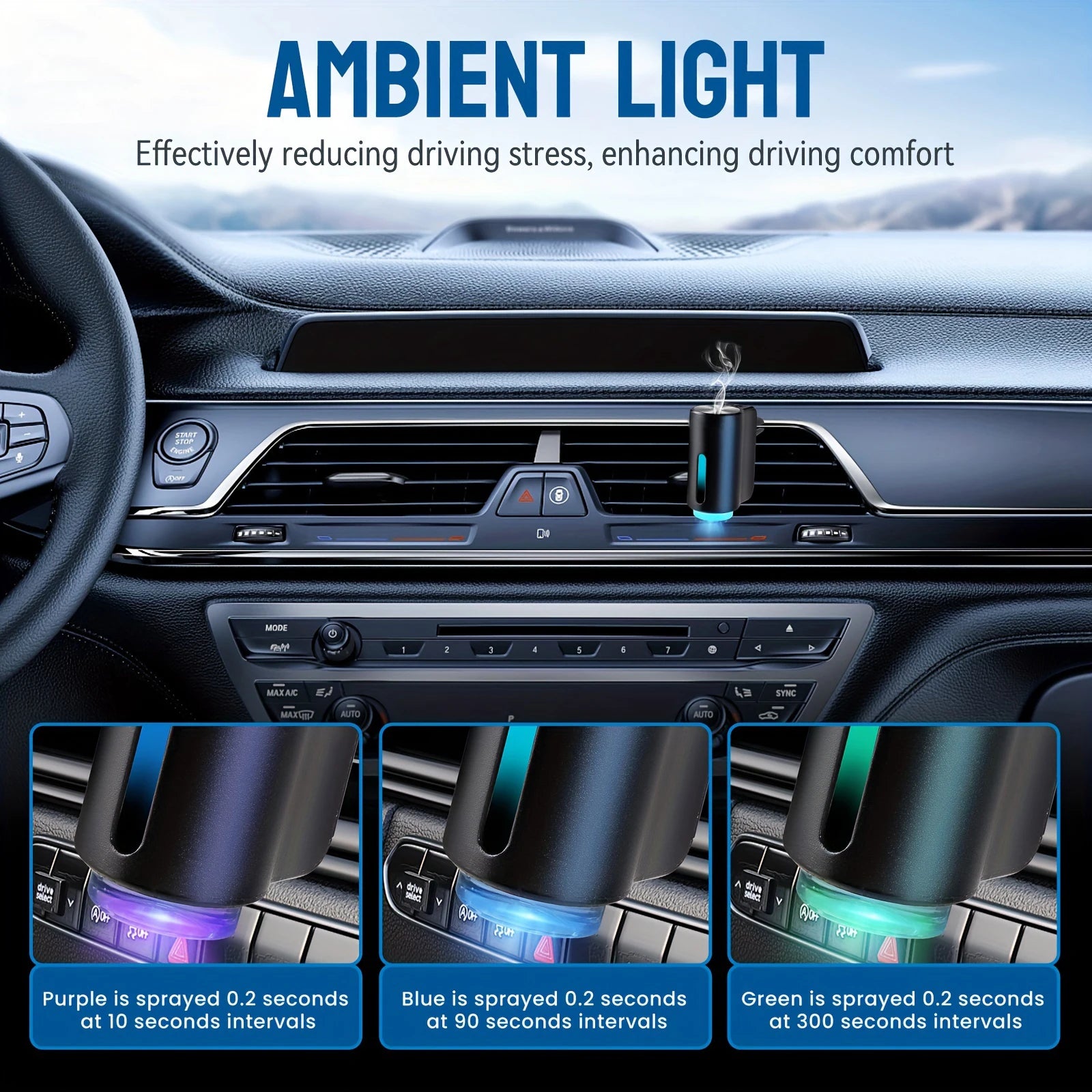 'Car air freshener with electric aroma diffuser. Fits vent. Essential oil compatible.'