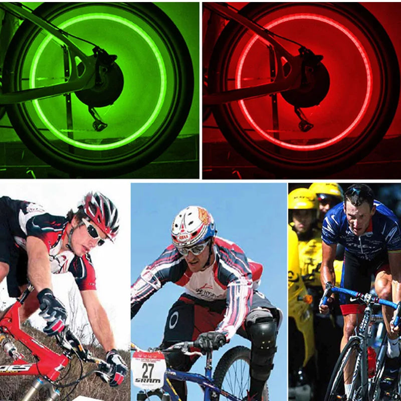 Cyclists riding bikes with mounted wheel lights. Two-piece valve cap LED illumination on neon tires. Bike accessories product